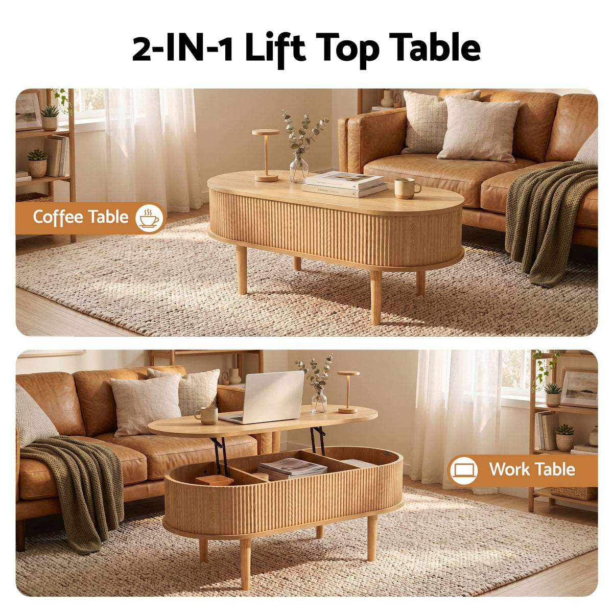 Artiss Oval Fluted Lift Top Coffee Table, 100 cm