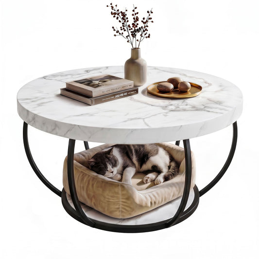 Artiss White and Black Round Marble Effect Coffee Table