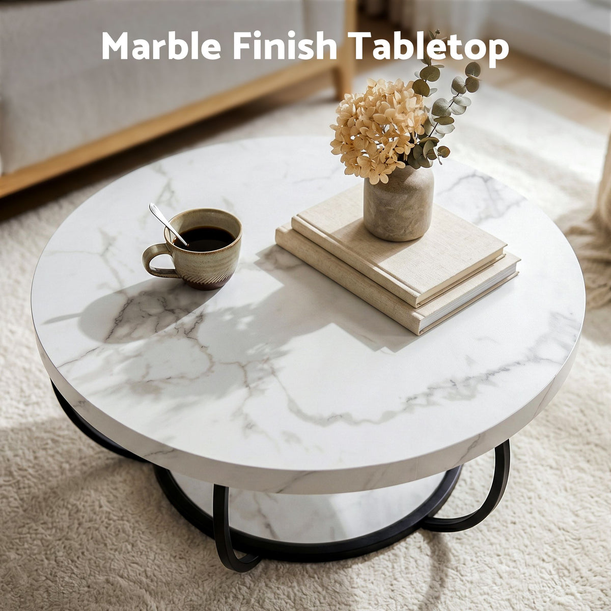Artiss White and Black Round Marble Effect Coffee Table