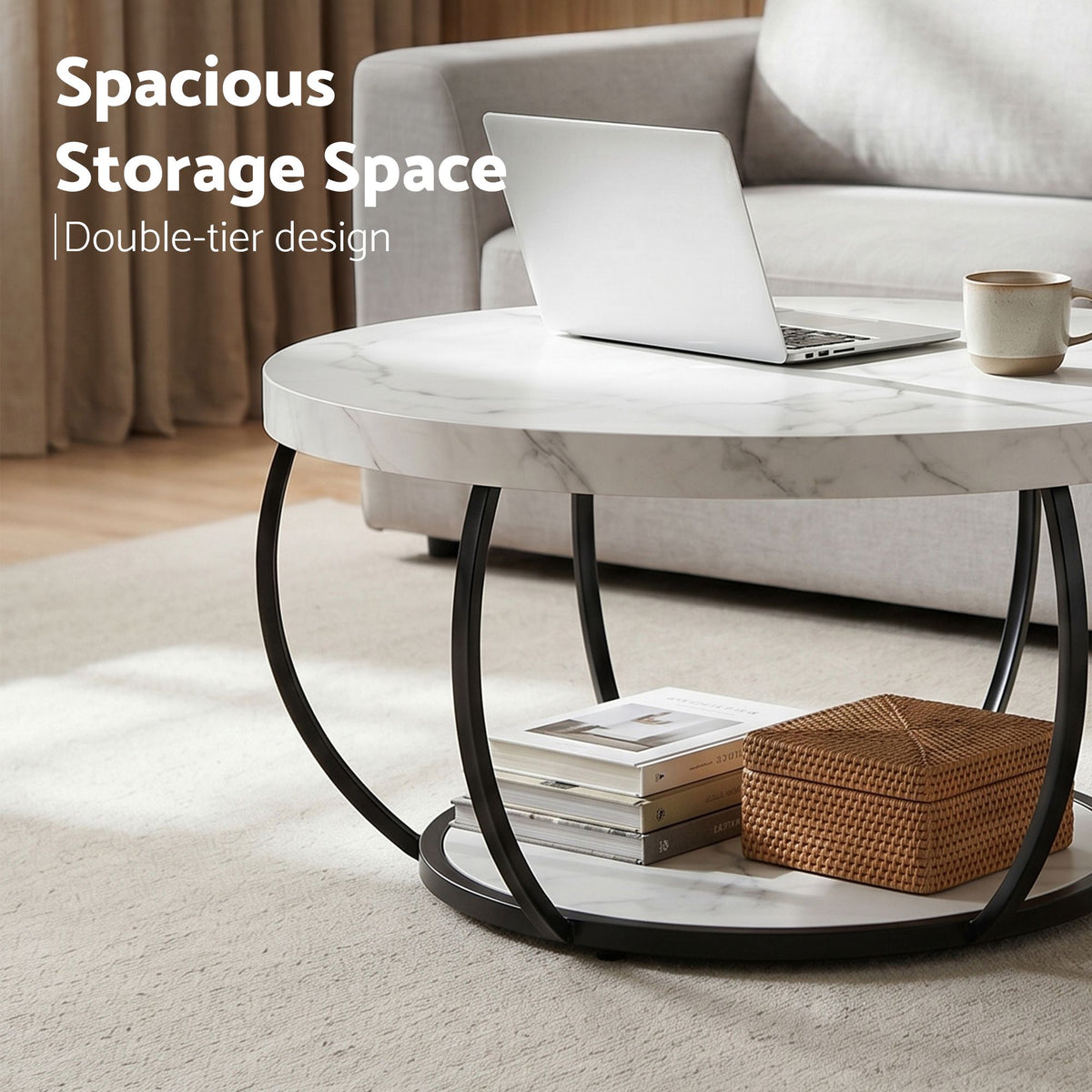 Artiss White and Black Round Marble Effect Coffee Table