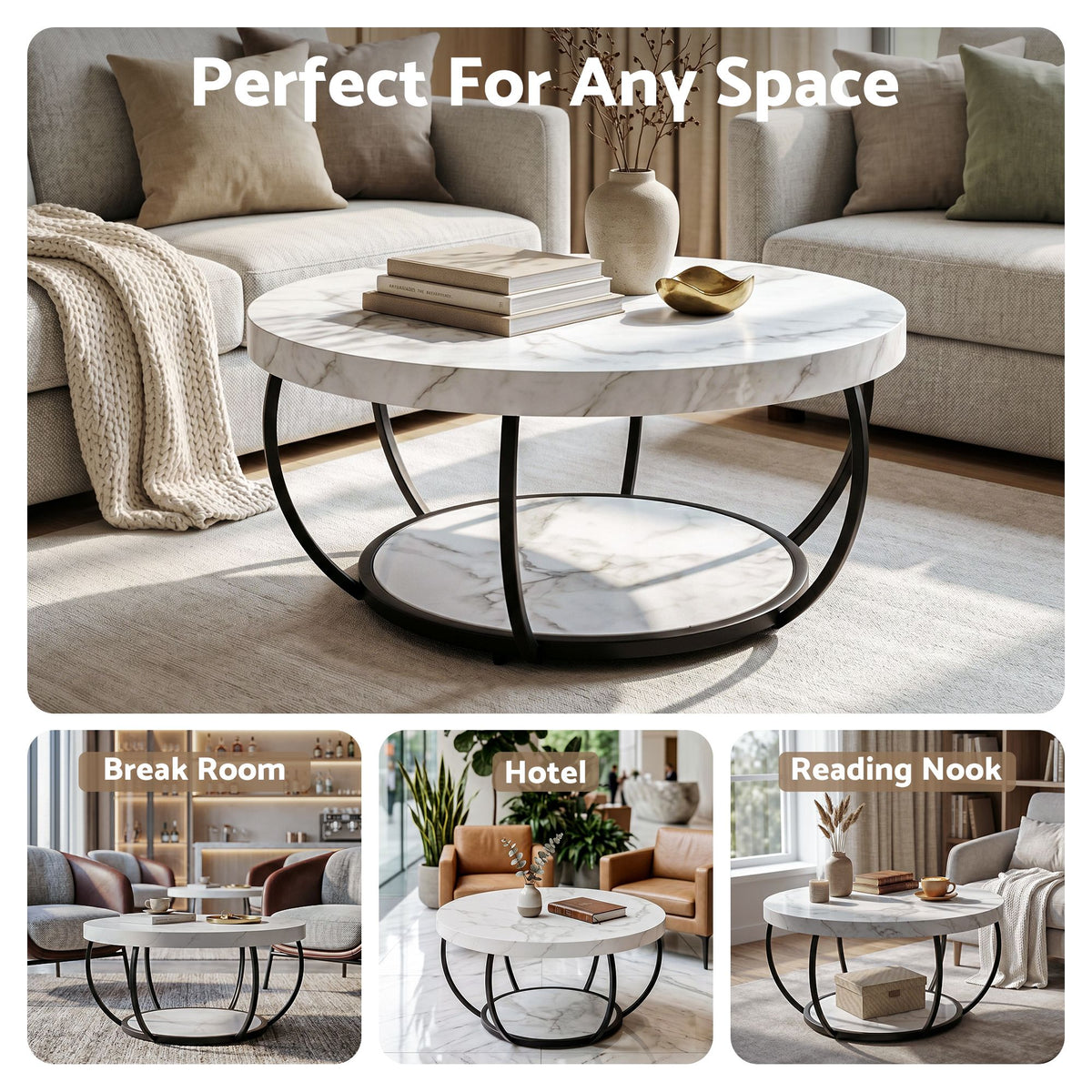 Artiss White and Black Round Marble Effect Coffee Table