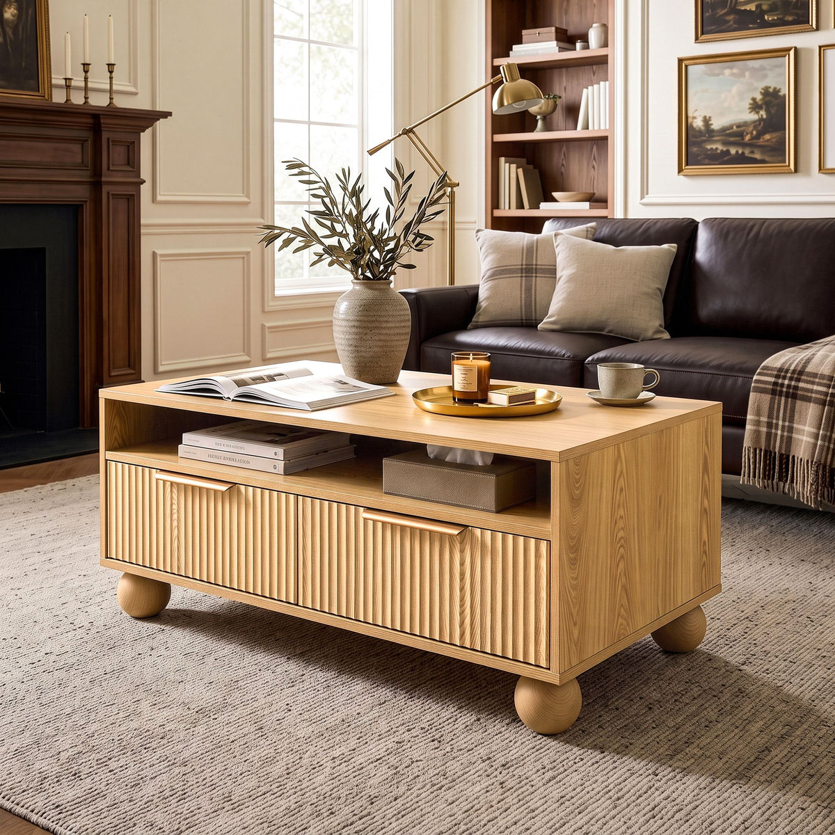 Artiss Fluted Coffee Table with Drawers, 90 cm