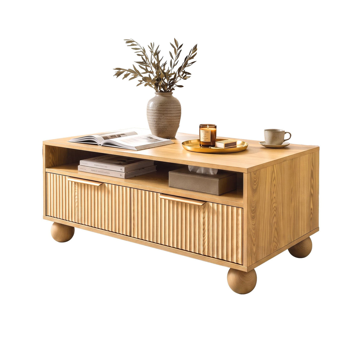 Artiss Fluted Coffee Table with Drawers, 90 cm