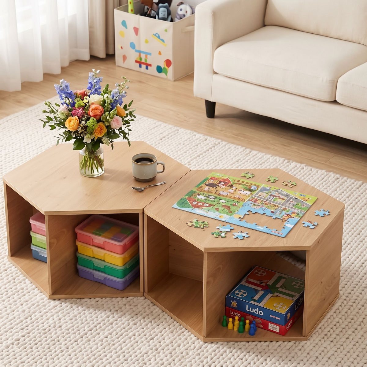 Artiss Hexagonal Coffee Tables with Open Storage, Set of 2