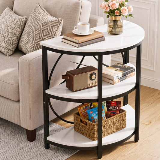 Artiss White and Black Marble Effect Half Round Side Table