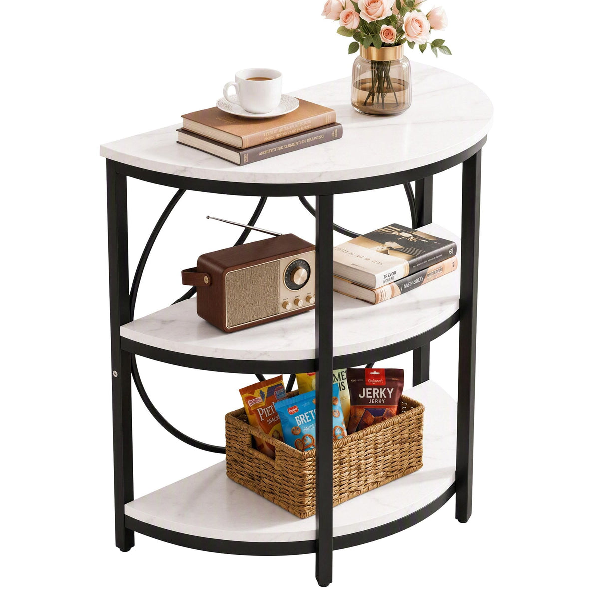 Artiss White and Black Marble Effect Half Round Side Table