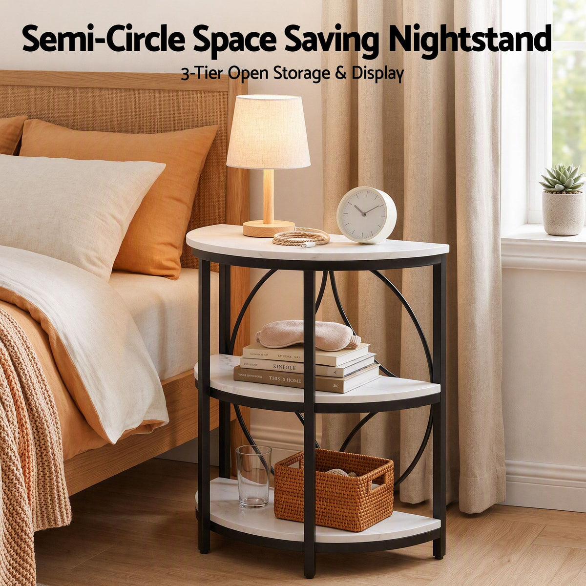 Artiss White and Black Marble Effect Half Round Side Table