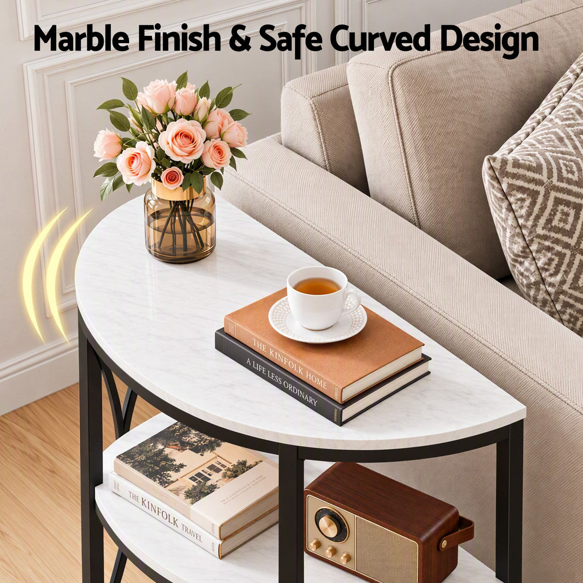 Artiss White and Black Marble Effect Half Round Side Table