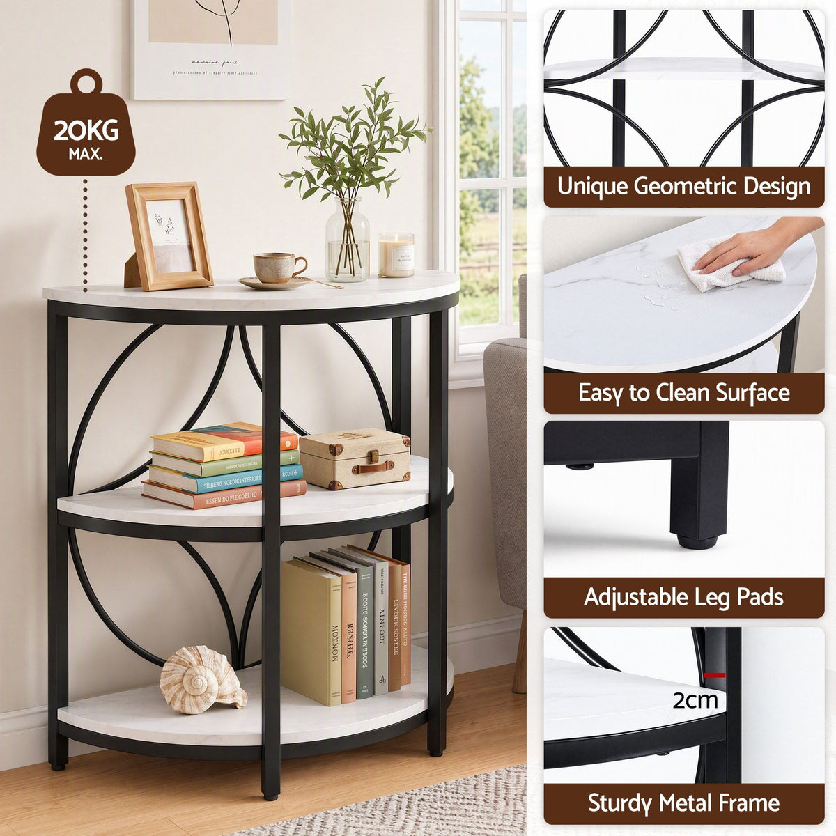 Artiss White and Black Marble Effect Half Round Side Table