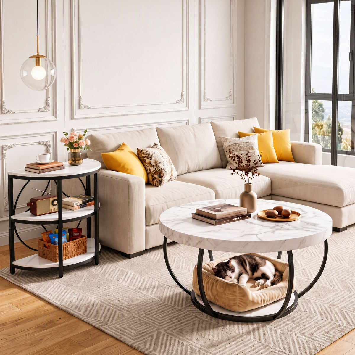 Artiss White and Black Marble Effect Half Round Side Table