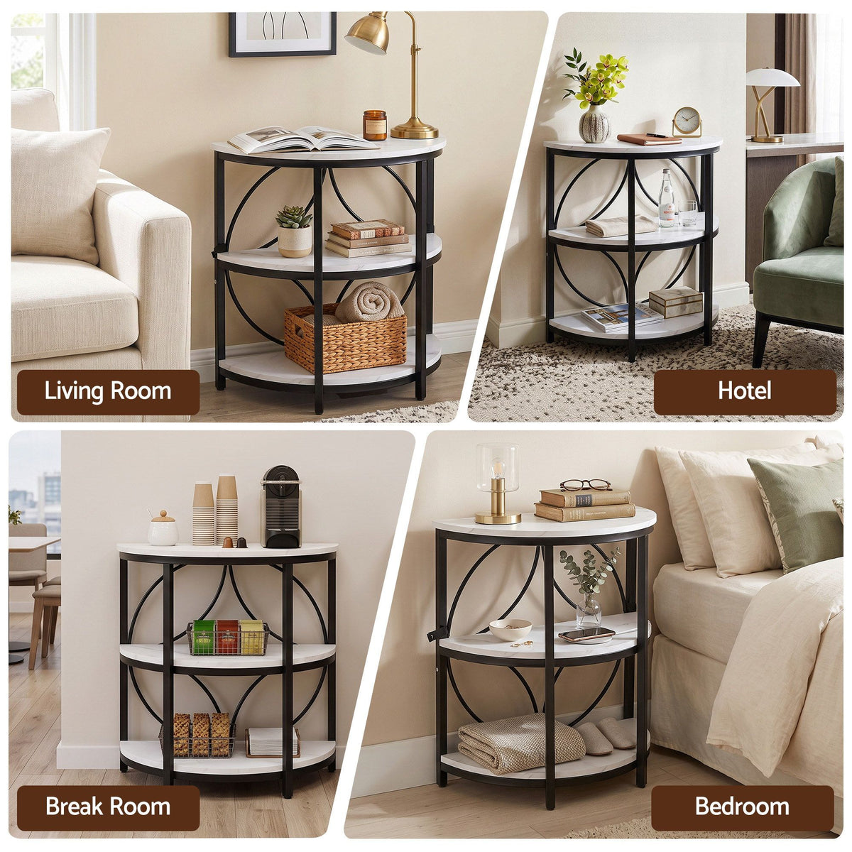 Artiss White and Black Marble Effect Half Round Side Table