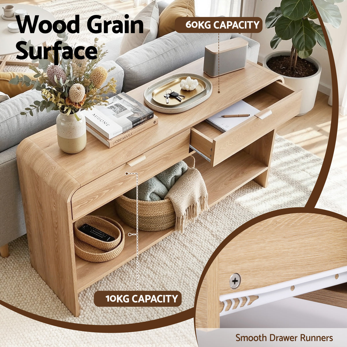 Artiss Pine Finish Console Table with Drawers, 120 cm