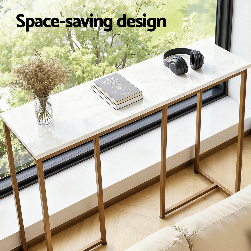 Artiss White and Gold Marble Effect Console Table, 95 cm