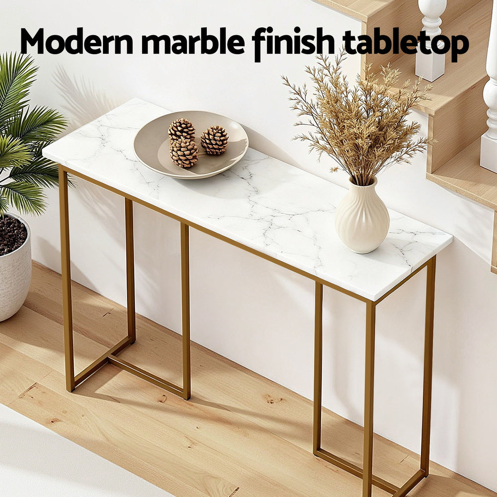 Artiss White and Gold Marble Effect Console Table, 95 cm