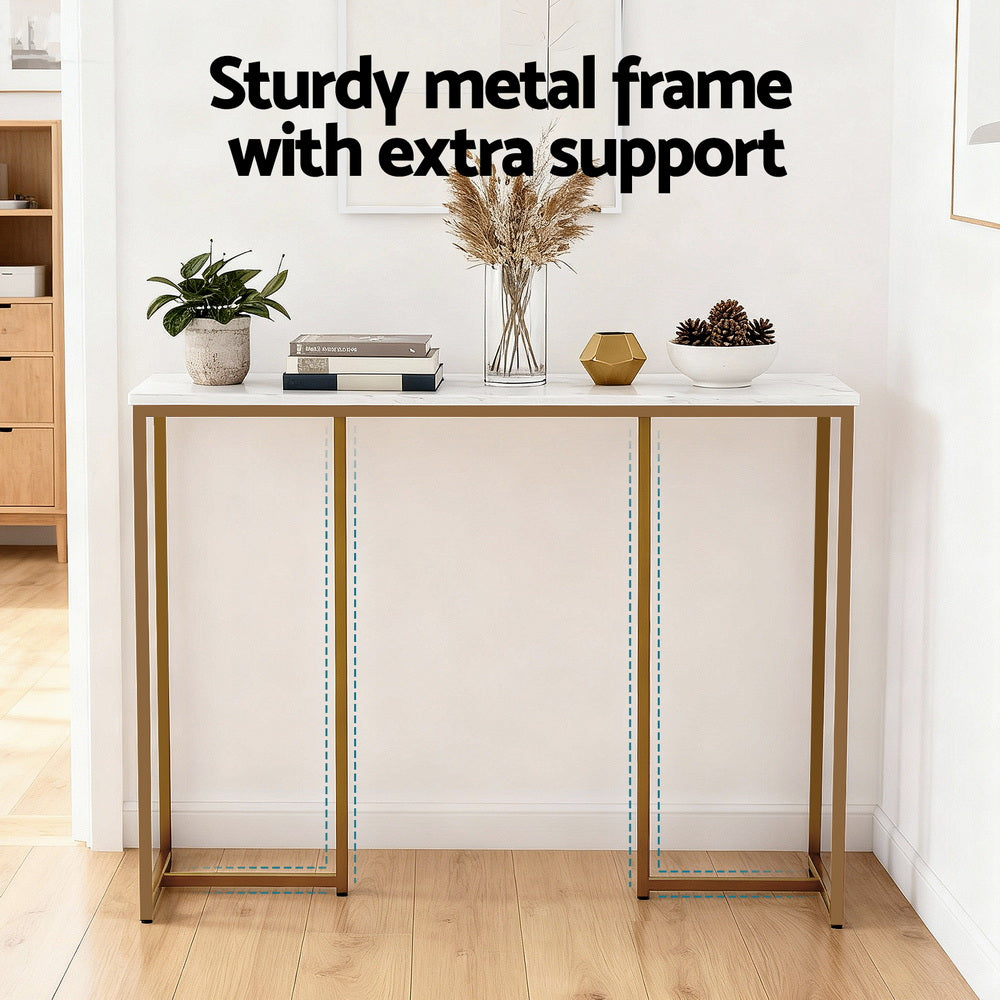 Artiss White and Gold Marble Effect Console Table, 95 cm