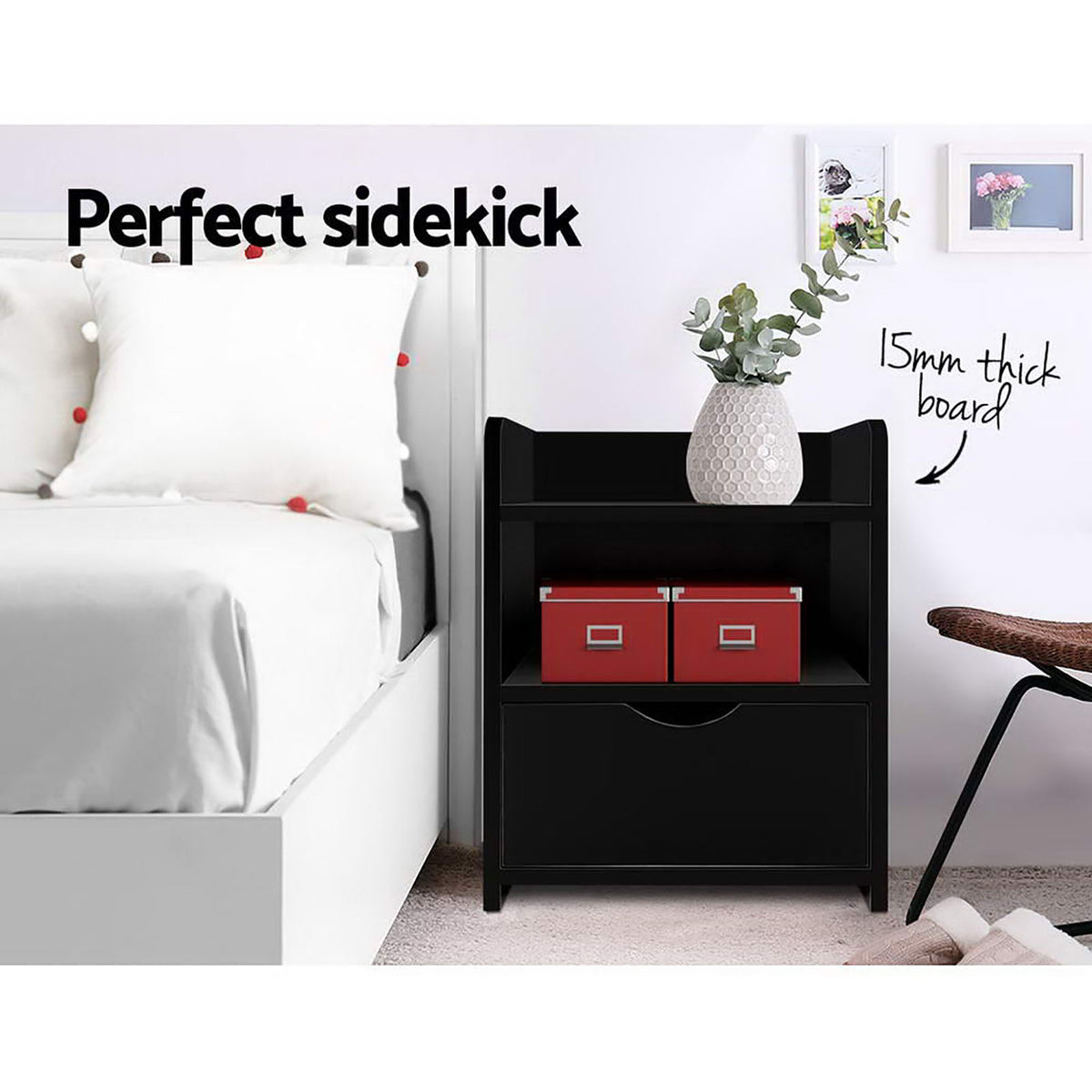 Artiss Fara Black Bedside Tables, Set of 2