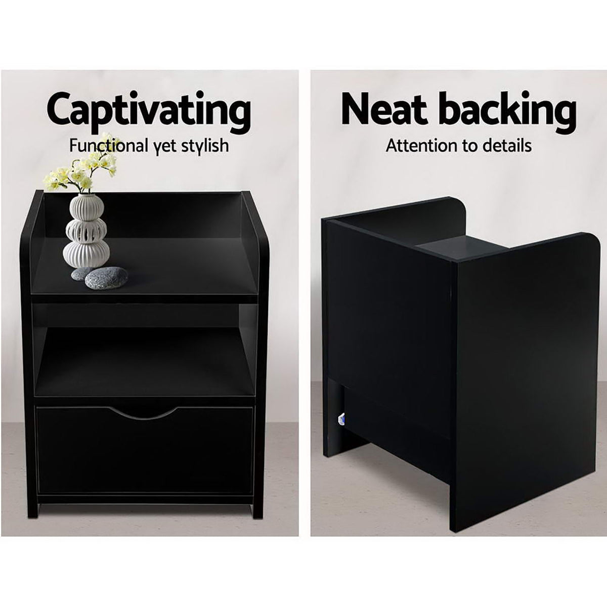 Artiss Fara Black Bedside Tables, Set of 2
