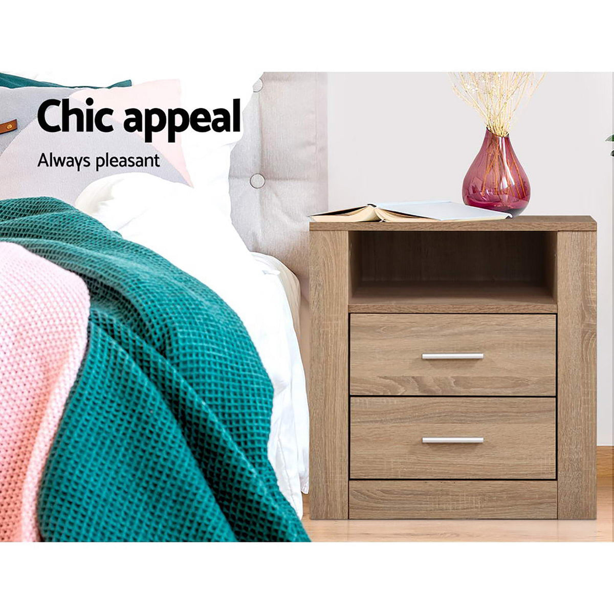 Artiss Tara Oak Finish Bedside Tables, Set of 2