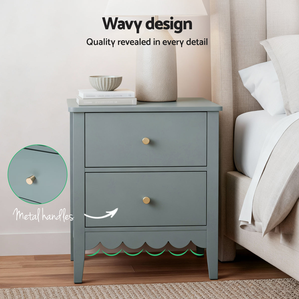 Artiss Green Bedside Table with Two Drawers