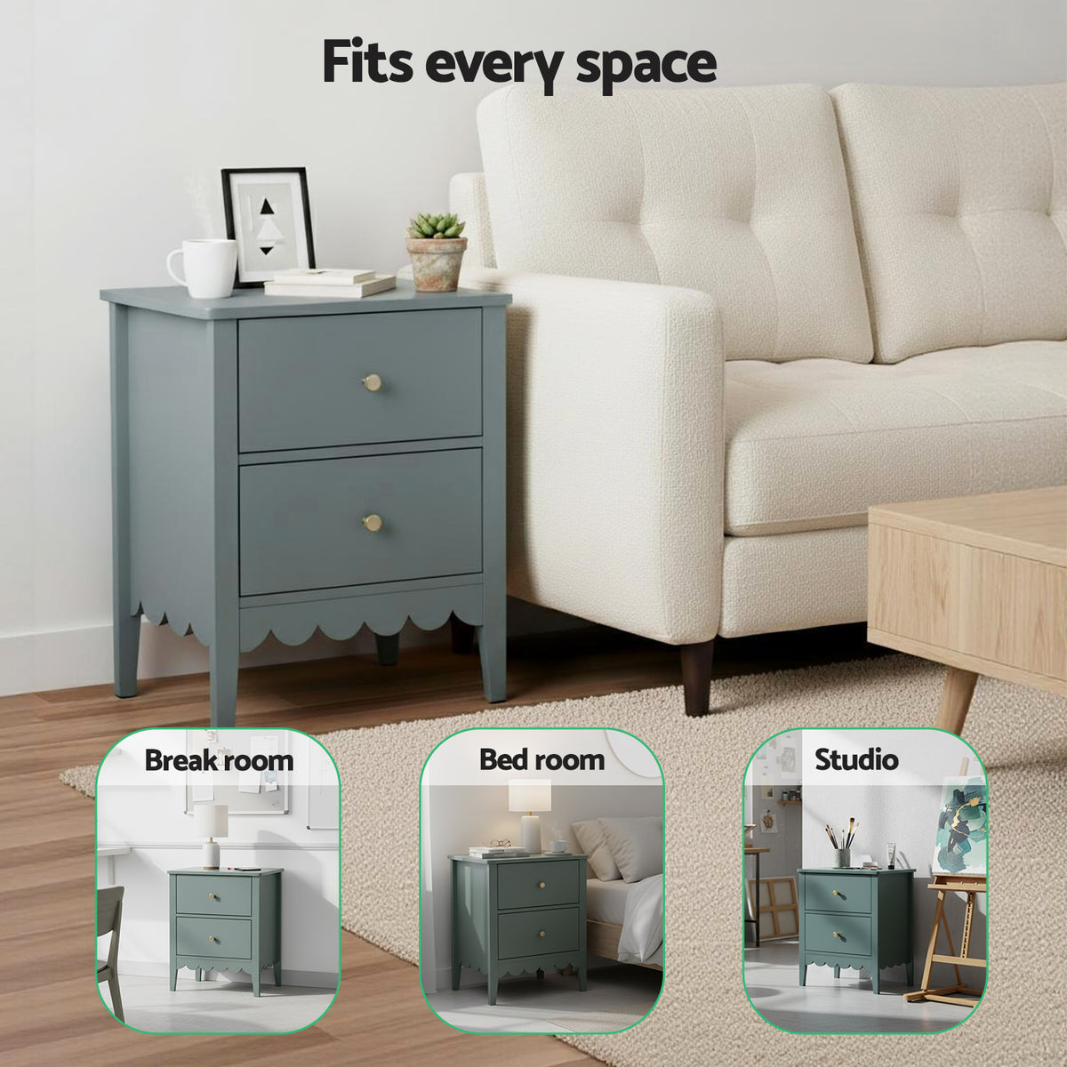 Artiss Green Bedside Table with Two Drawers