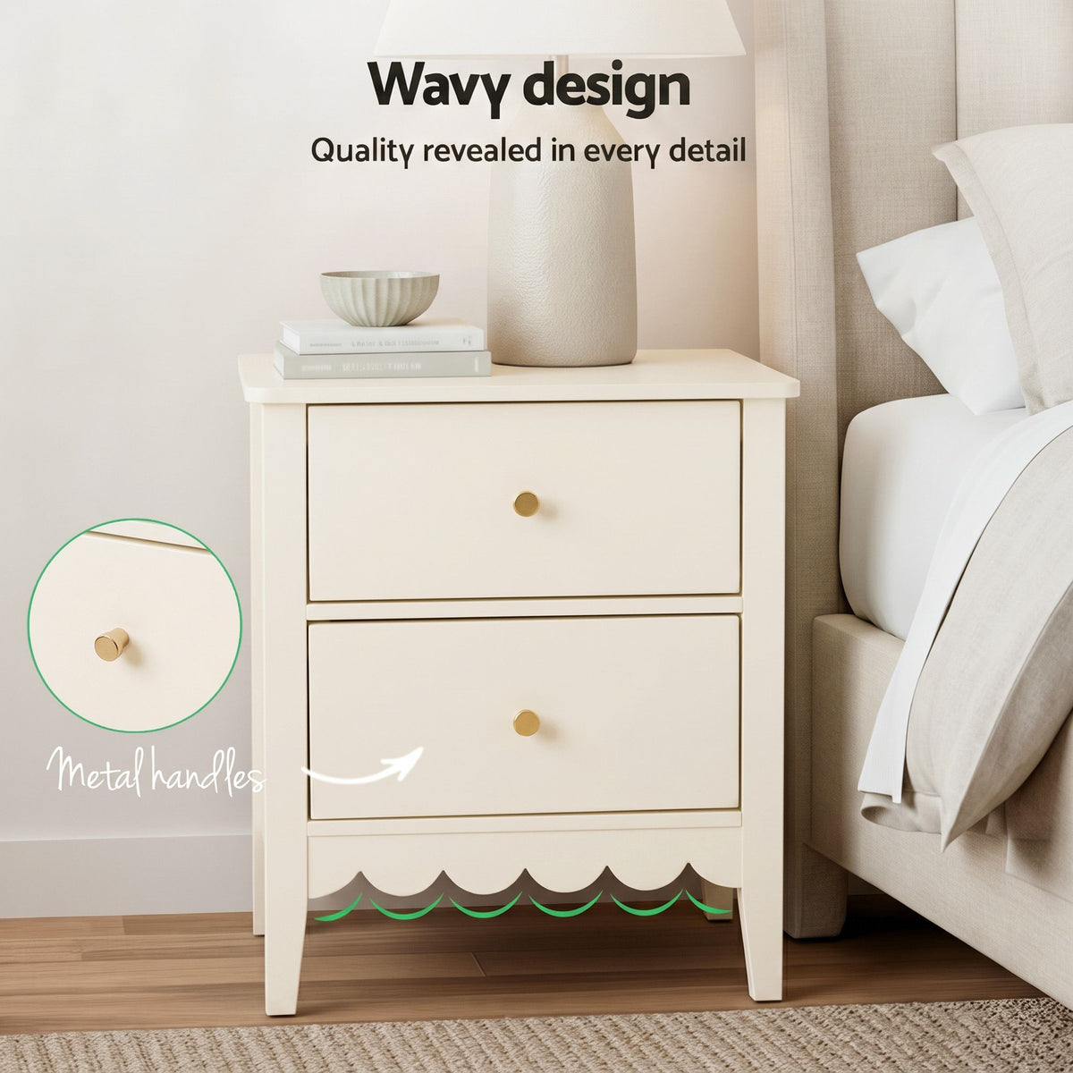 Artiss Beige Two Drawer Bedside Table, 40 cm