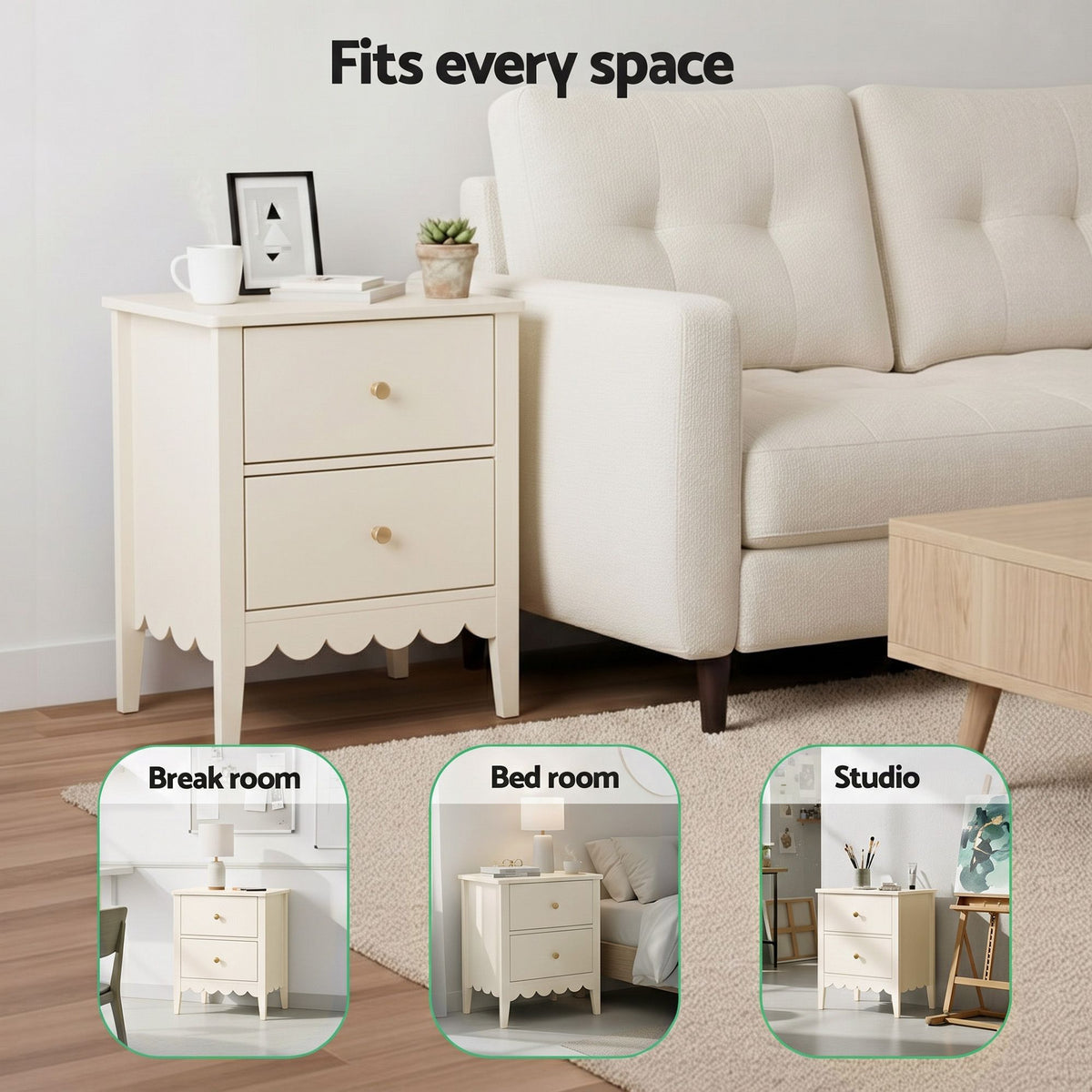Artiss Beige Two Drawer Bedside Table, 40 cm