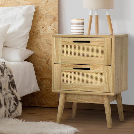 Artiss Rie Rattan Detail Bedside Table with Two Drawers