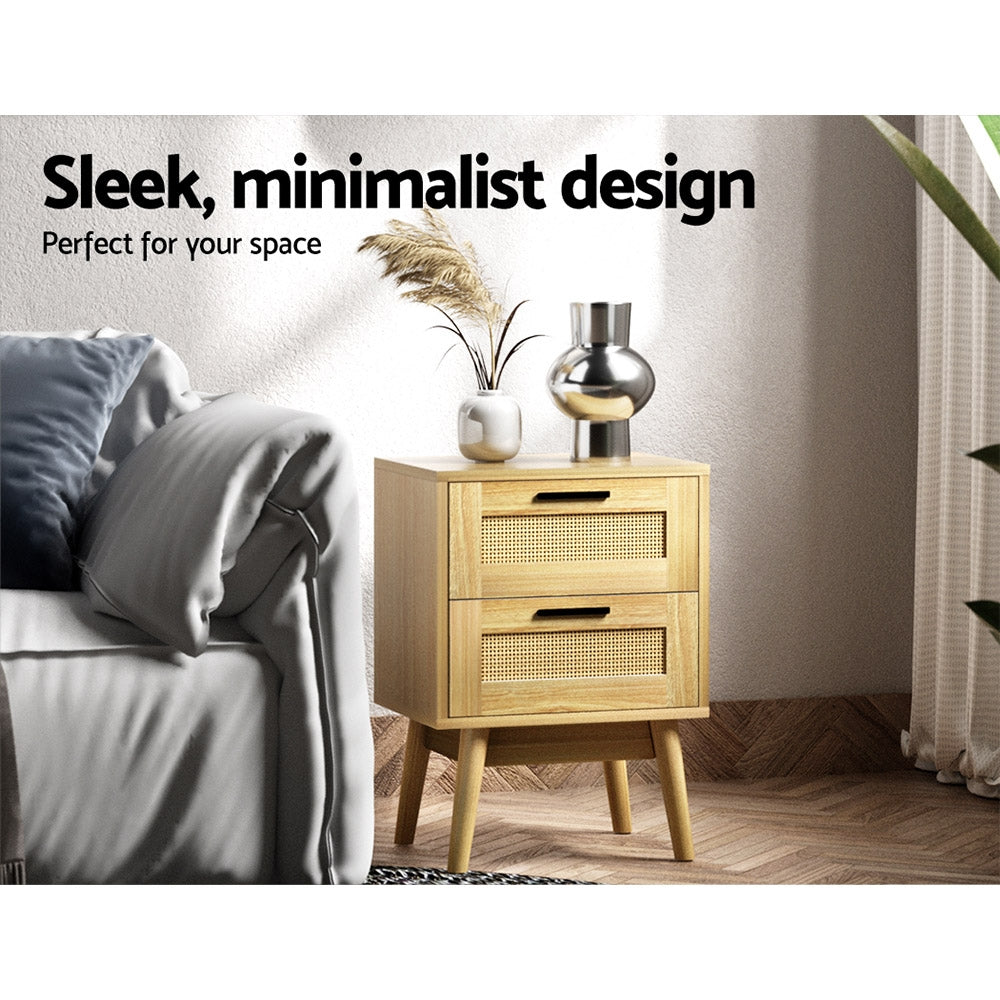 Artiss Rie Rattan Detail Bedside Table with Two Drawers