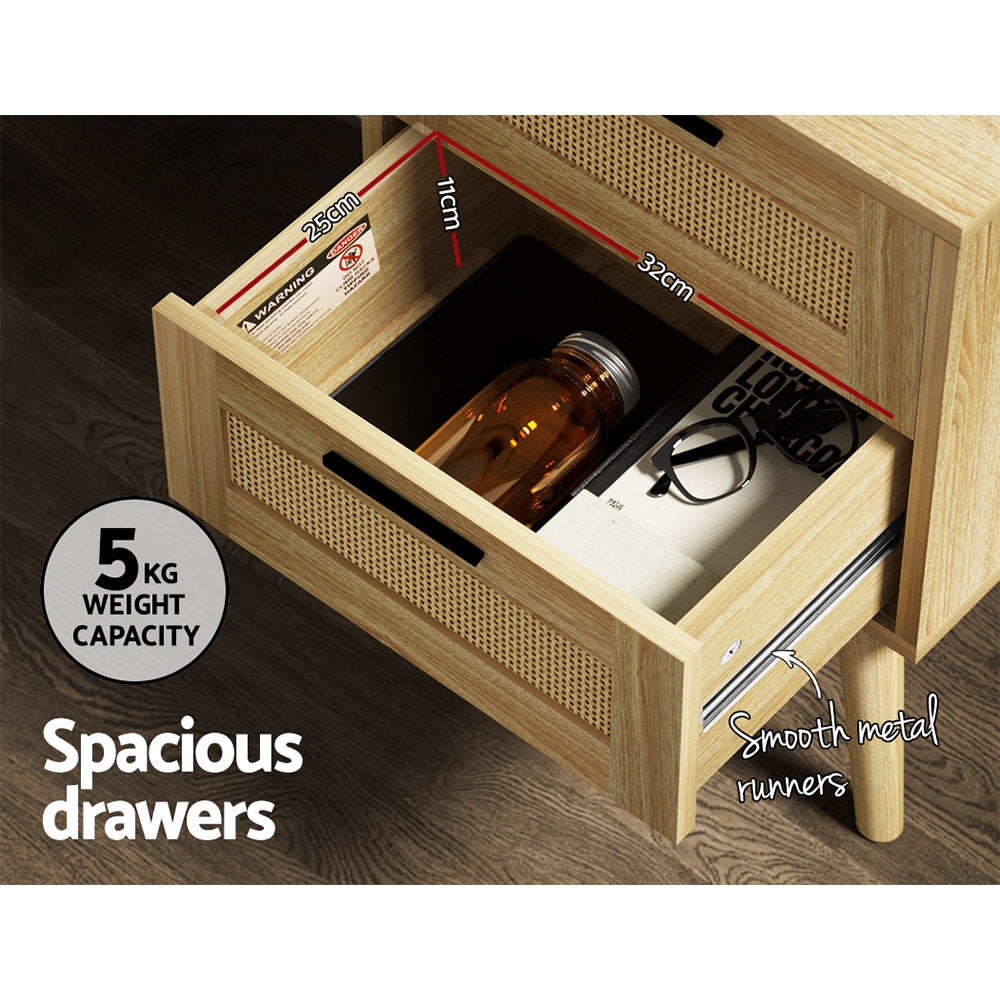 Artiss Rie Rattan Detail Bedside Table with Two Drawers