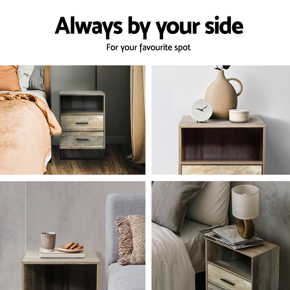 Artiss Badan Bedside Table with Two Drawers and Shelf
