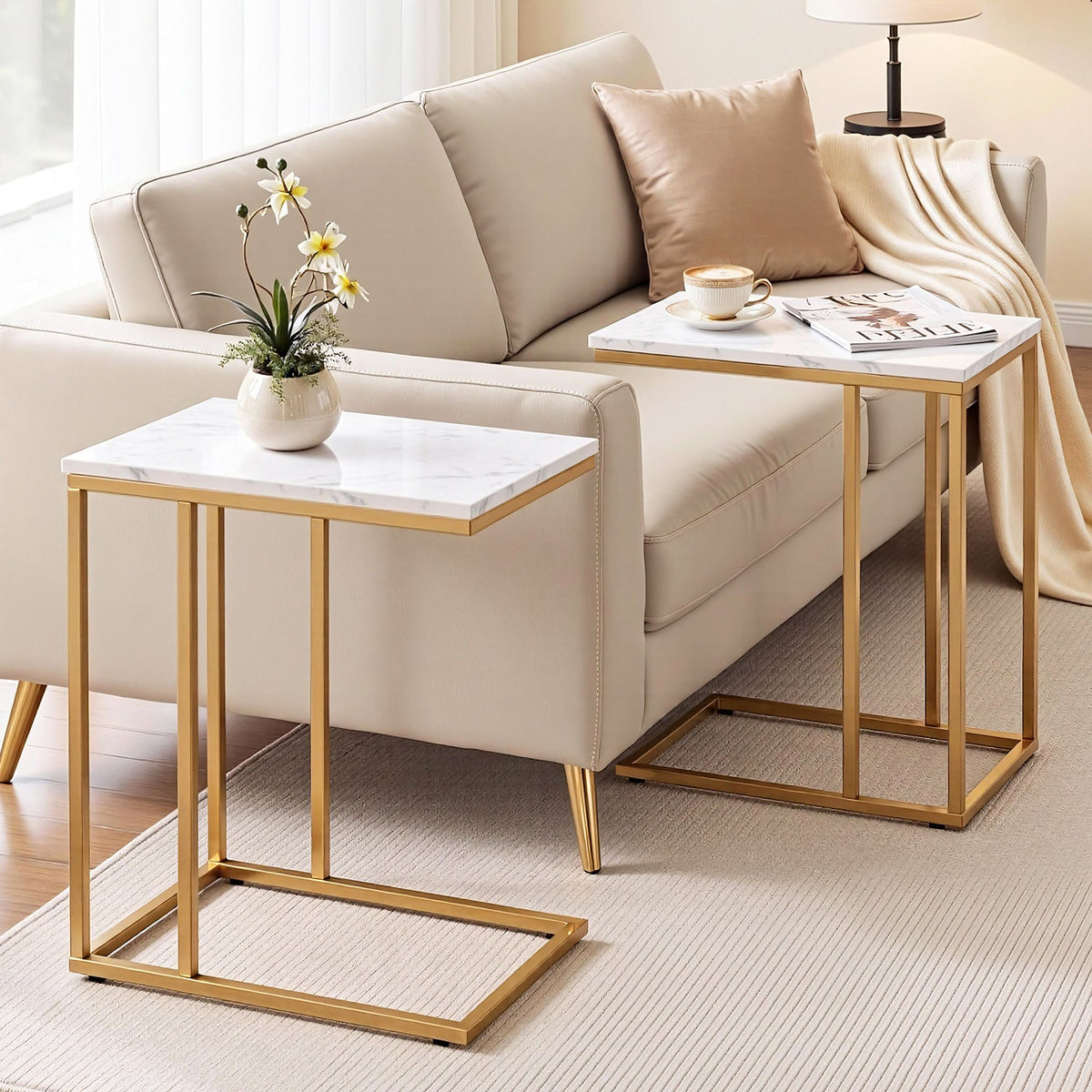 Artiss C Shaped Side Tables in White and Gold, Set of 2