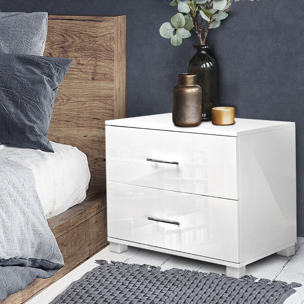 Artiss White High Gloss Bedside Table with Two Drawers