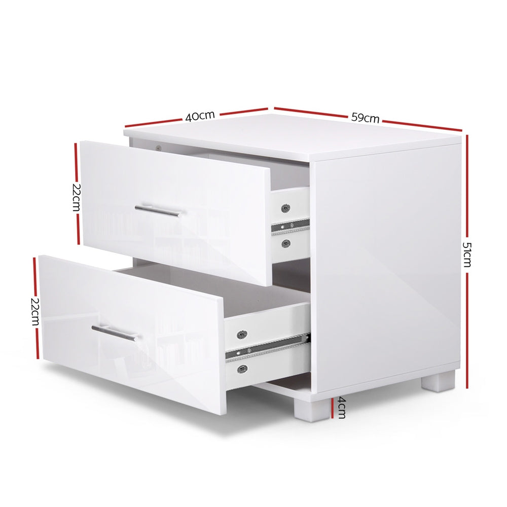 Artiss White High Gloss Bedside Table with Two Drawers