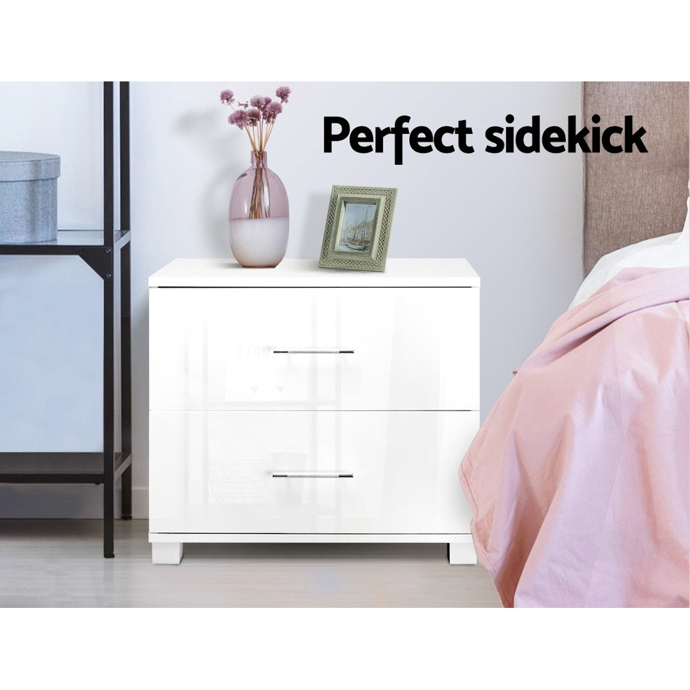 Artiss White High Gloss Bedside Table with Two Drawers
