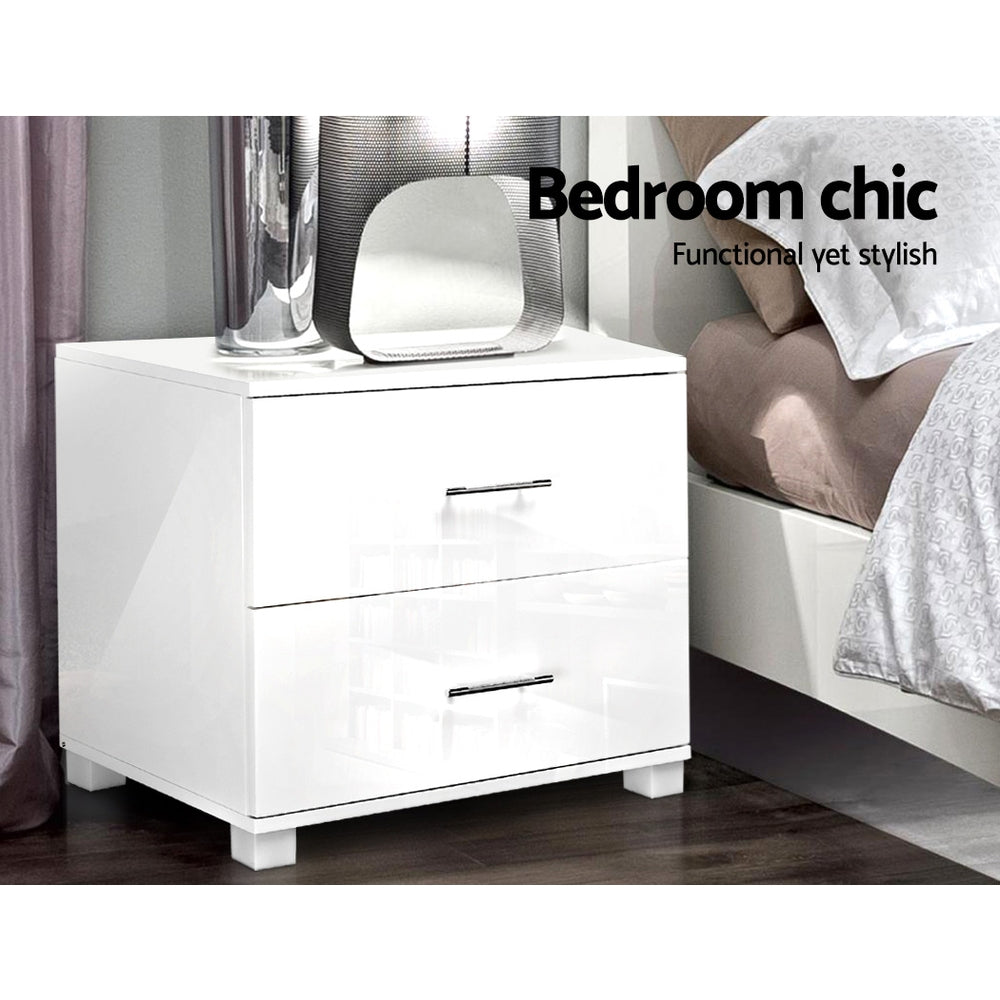 Artiss White High Gloss Bedside Table with Two Drawers