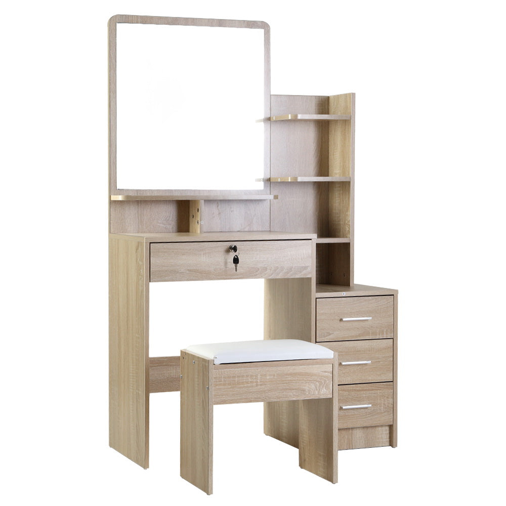 Artiss Oak Finish Dressing Table and Stool with Four Drawers