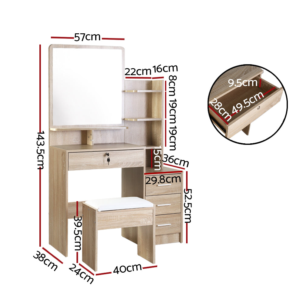Artiss Oak Finish Dressing Table and Stool with Four Drawers