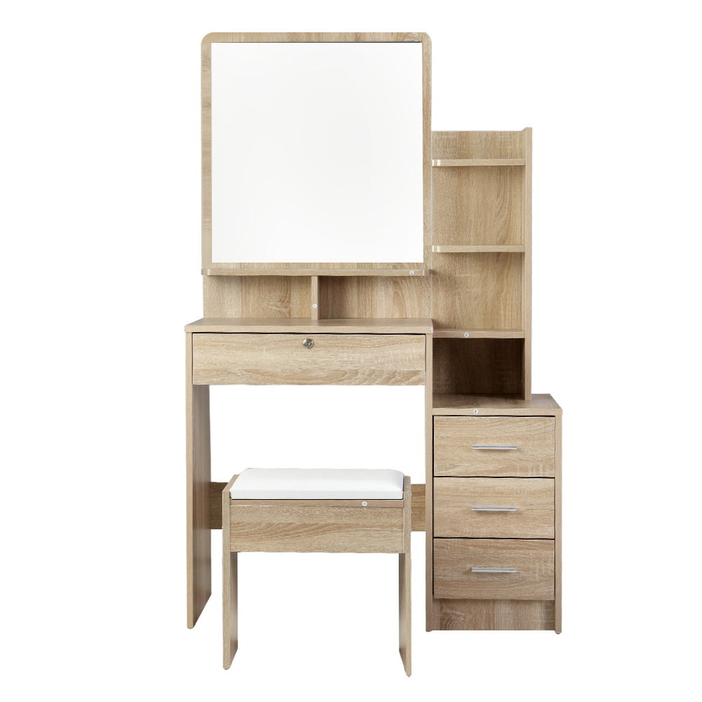 Artiss Oak Finish Dressing Table and Stool with Four Drawers