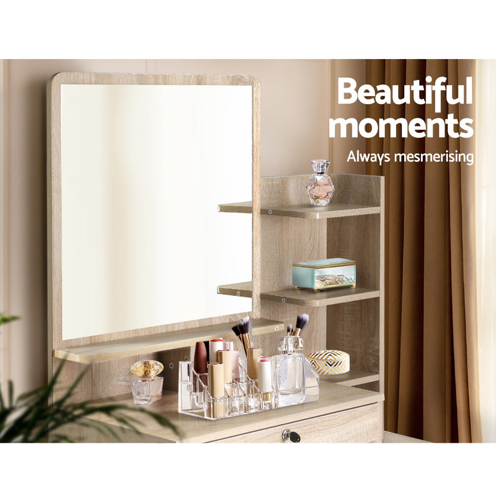 Artiss Oak Finish Dressing Table and Stool with Four Drawers