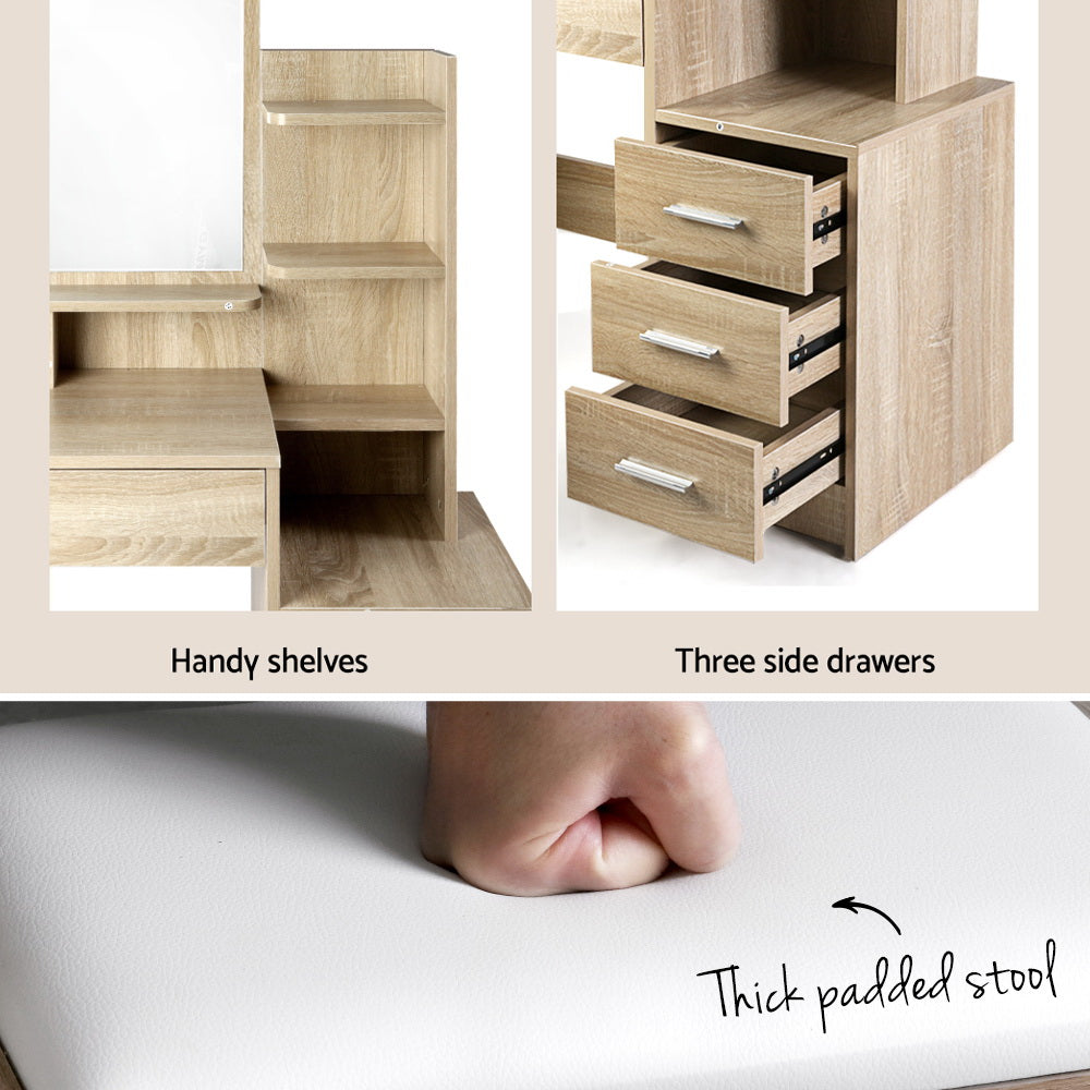 Artiss Oak Finish Dressing Table and Stool with Four Drawers