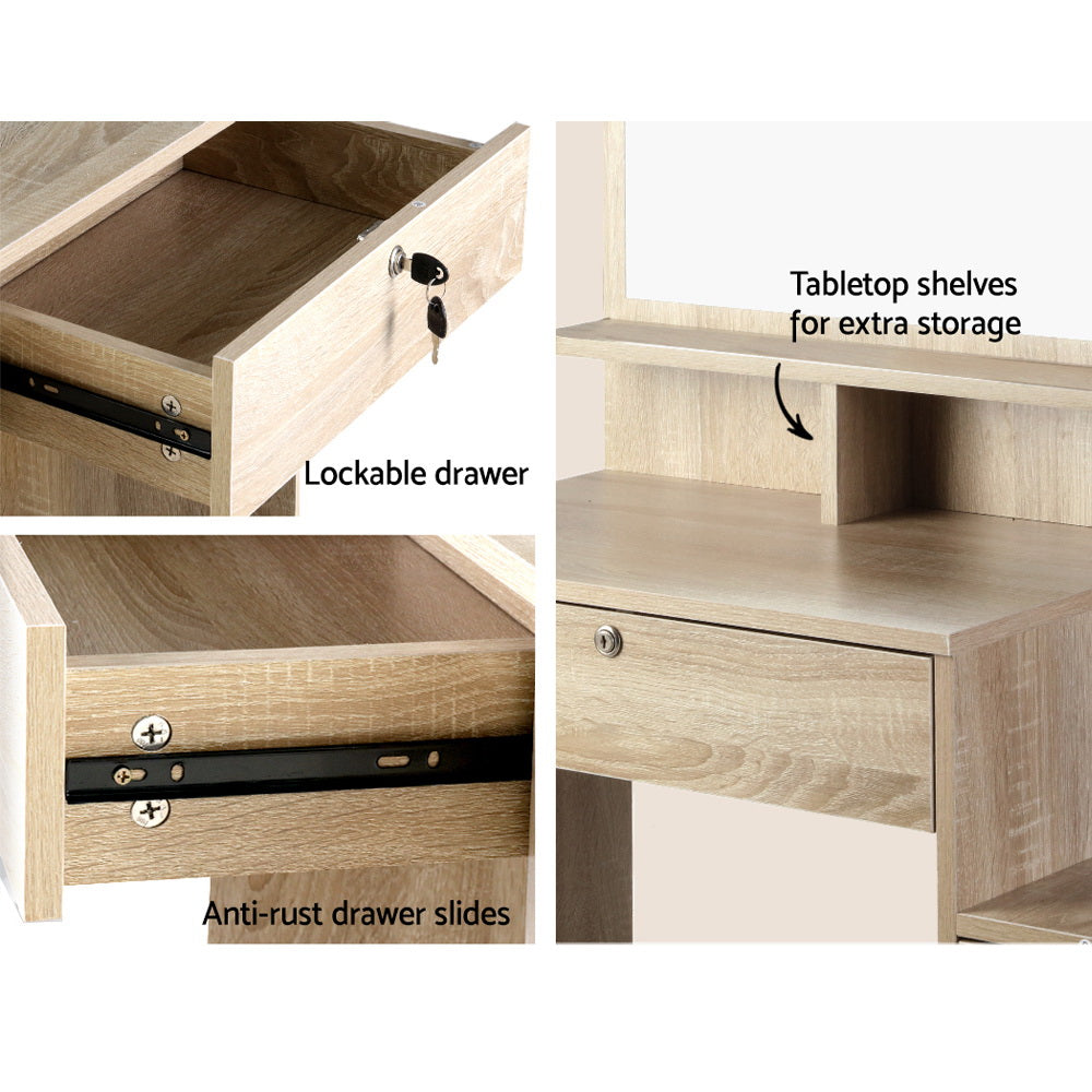 Artiss Oak Finish Dressing Table and Stool with Four Drawers