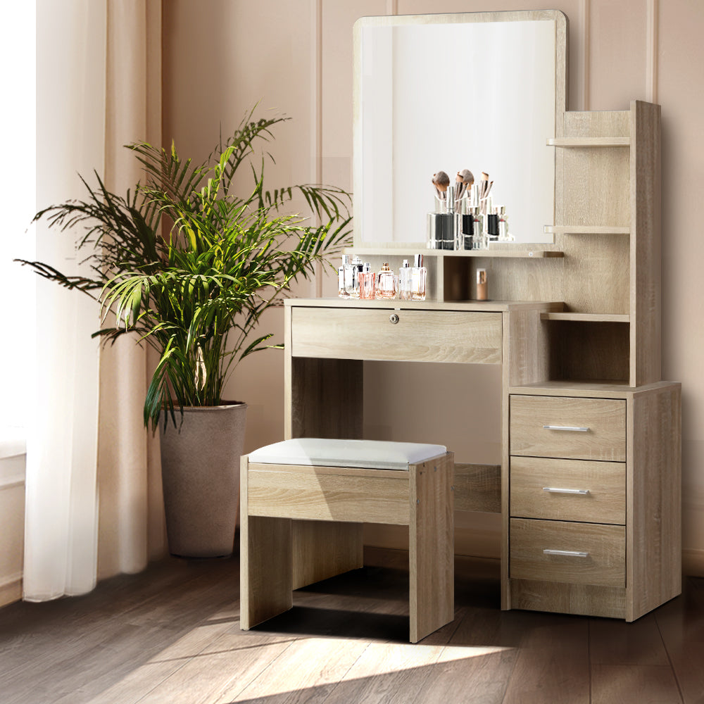 Artiss Oak Finish Dressing Table and Stool with Four Drawers