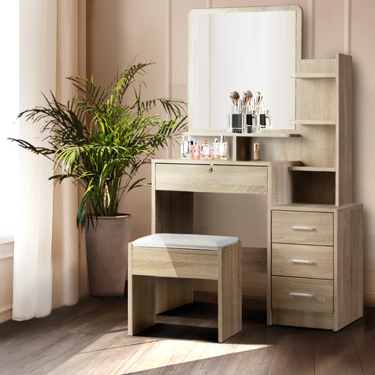 Artiss Oak Finish Dressing Table and Stool with Four Drawers