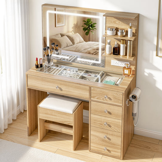 Artiss Wood Finish LED Dressing Table and Stool Set