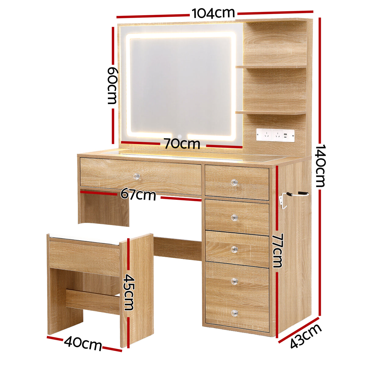 Artiss Wood Finish LED Dressing Table and Stool Set