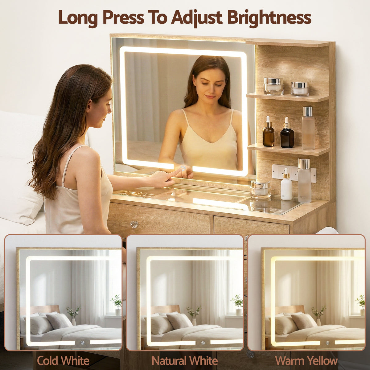 Artiss Wood Finish LED Dressing Table and Stool Set