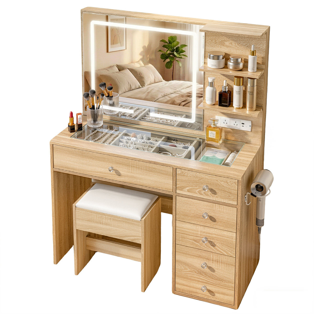 Artiss Wood Finish LED Dressing Table and Stool Set