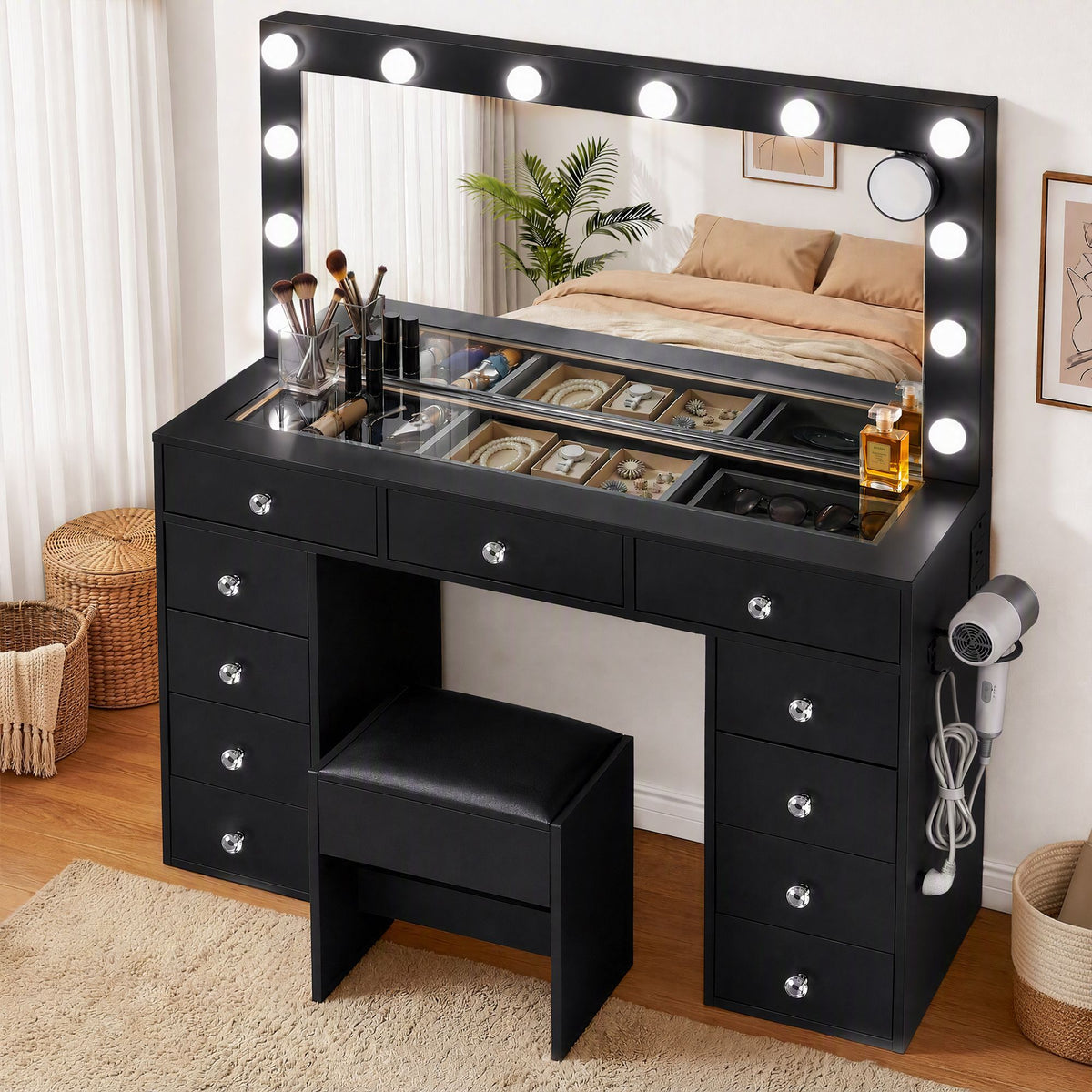 Artiss Black LED Dressing Table Set with Charging Station