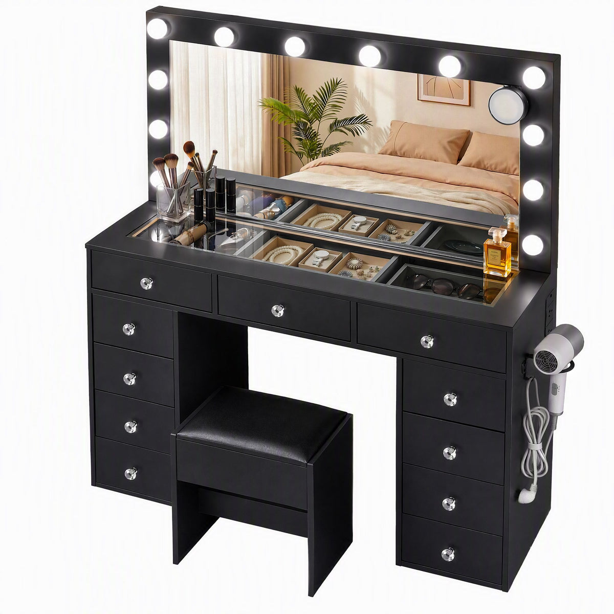 Artiss Black LED Dressing Table Set with Charging Station