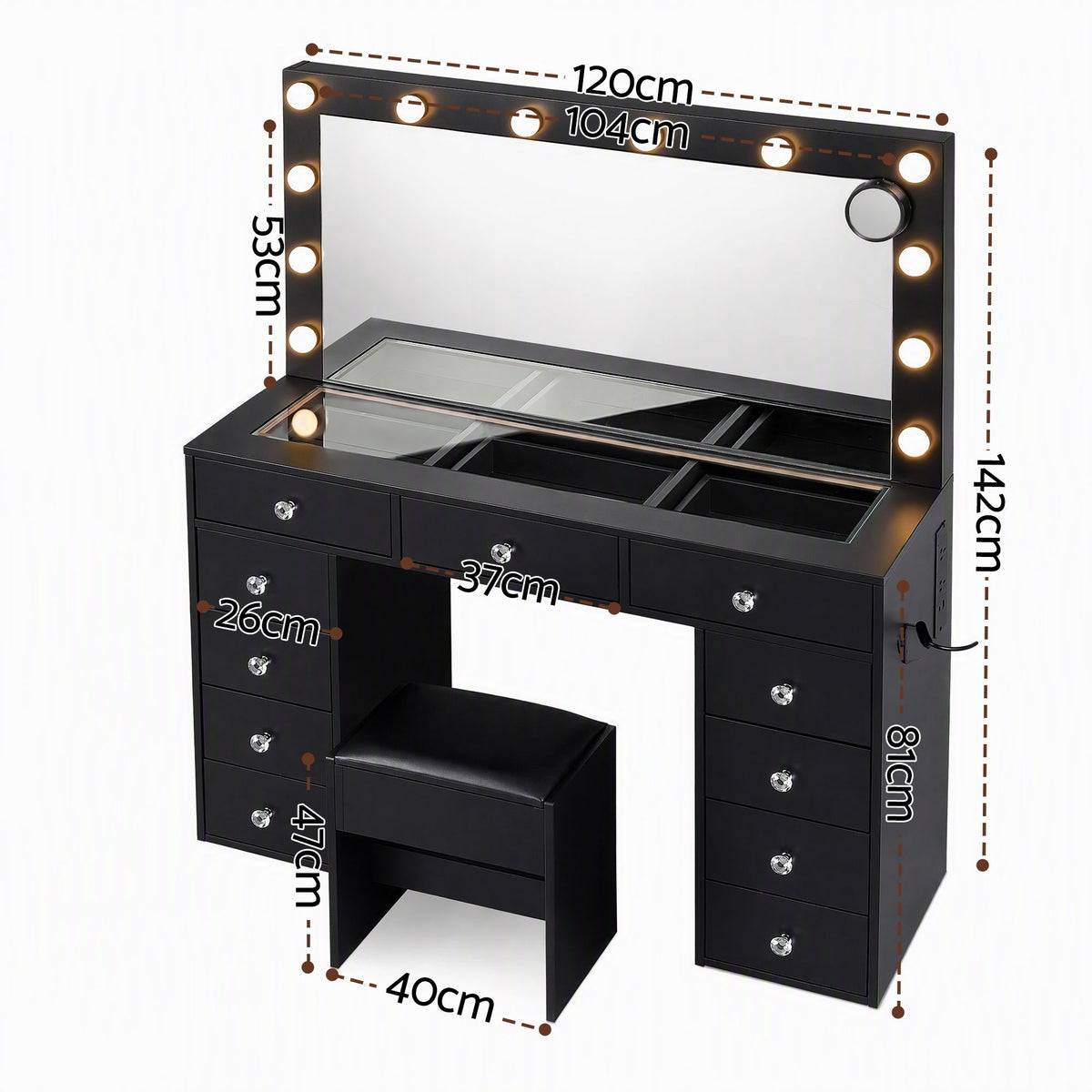 Artiss Black LED Dressing Table Set with Charging Station